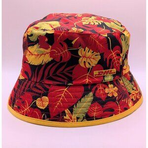 DHL Reversible Floral Hawaiian Bucket Hat Cap Red Yellow Transport Unisex OSFM